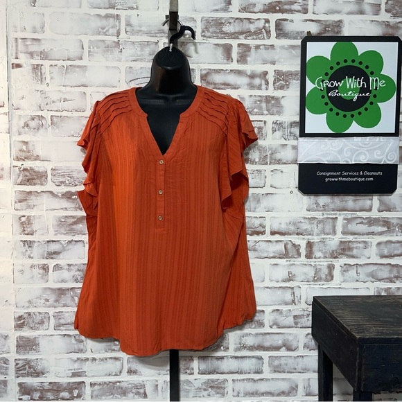 Knox Rose Orange Blouse with V-Neck and Short Sleeves - Picture 1 of 7